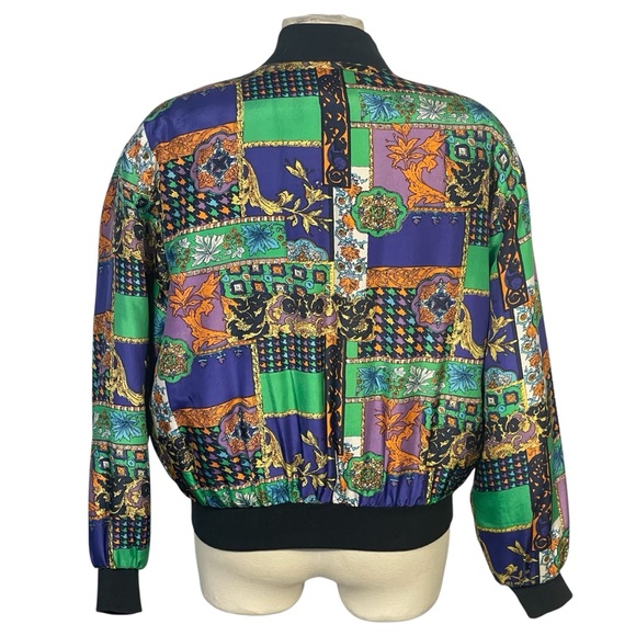 K Arnold 100% Silk Vintage Multicolor Patchwork Bohemian Bomber Jacket Sz S - Picture 5 of 9